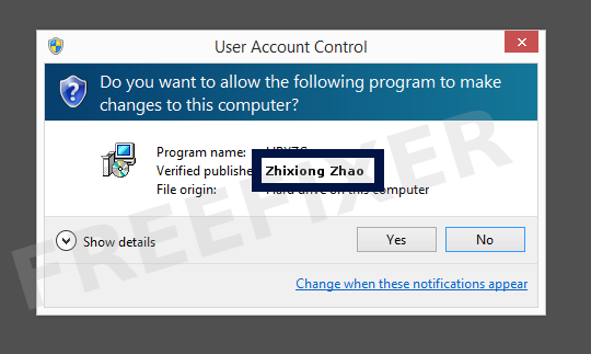 Screenshot where Zhixiong Zhao appears as the verified publisher in the UAC dialog